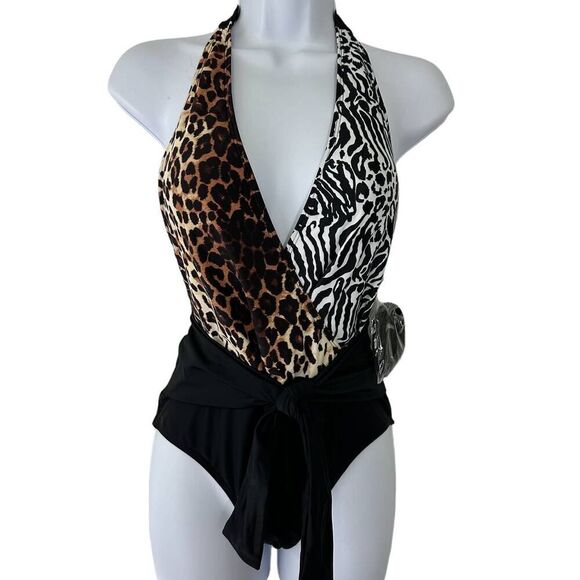 NINE WEST Women's S Tie Front Animal Print 1-Pc Swimsuit‎ Zebra Leopard - Picture 1 of 9